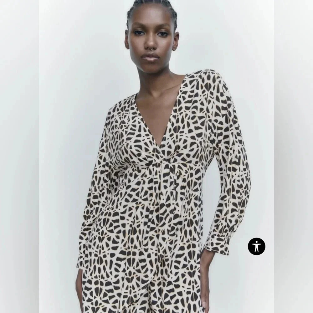 NWT ZARA Animal Print Romper Long Sleeve XL Faux WrapBack Cut Out Cream Blk Gold